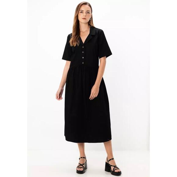 Asos Black Twill Collared Button Short Sleeve Midi A-Line Shirt Dress Size 6 - Picture 1 of 8